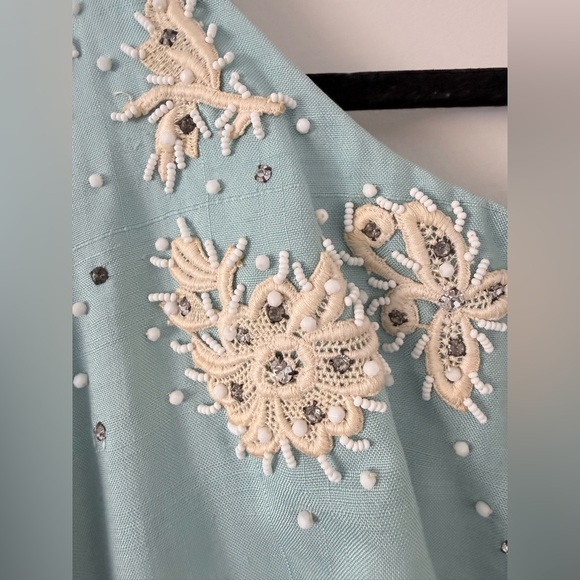 Vintage 50s 60s Baby Blue Hand Beaded Sheath Dress Lace Rhinestone Cocktail M/L - Picture 2 of 16